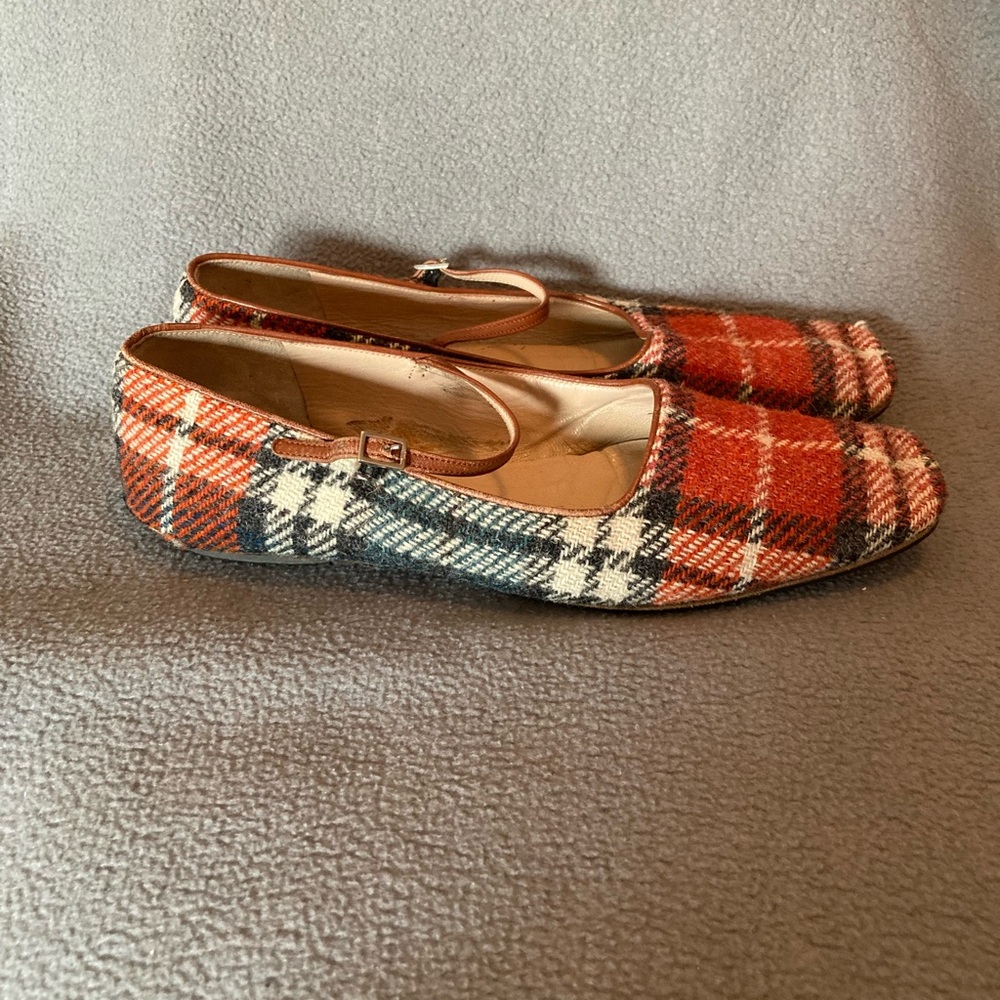 Kate Spade Size 8.5 Ballerina Flats Orange Tartan Plaid Wool Square Toe Women's